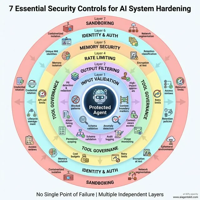 7 Essential Security Controls for AI System Hardening shown as concentric layers of defense: Input Validation, Output Filtering, Tool Governance, Rate Limiting, Memory Security, Identity & Auth, and Sandboxing protecting the central AI Agent