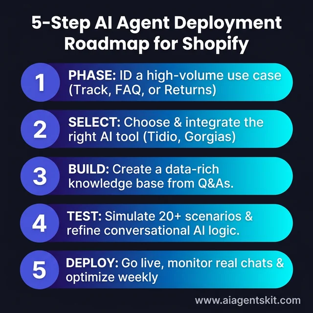 A 5-step roadmap for deploying AI agents on Shopify: Phase, Select, Build, Test, and Deploy