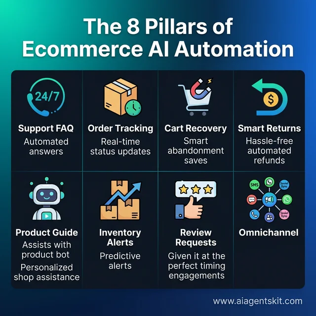 The 8 pillars of ecommerce AI automation: FAQ, order tracking, cart recovery, returns, product guides, inventory, reviews, and omnichannel sync