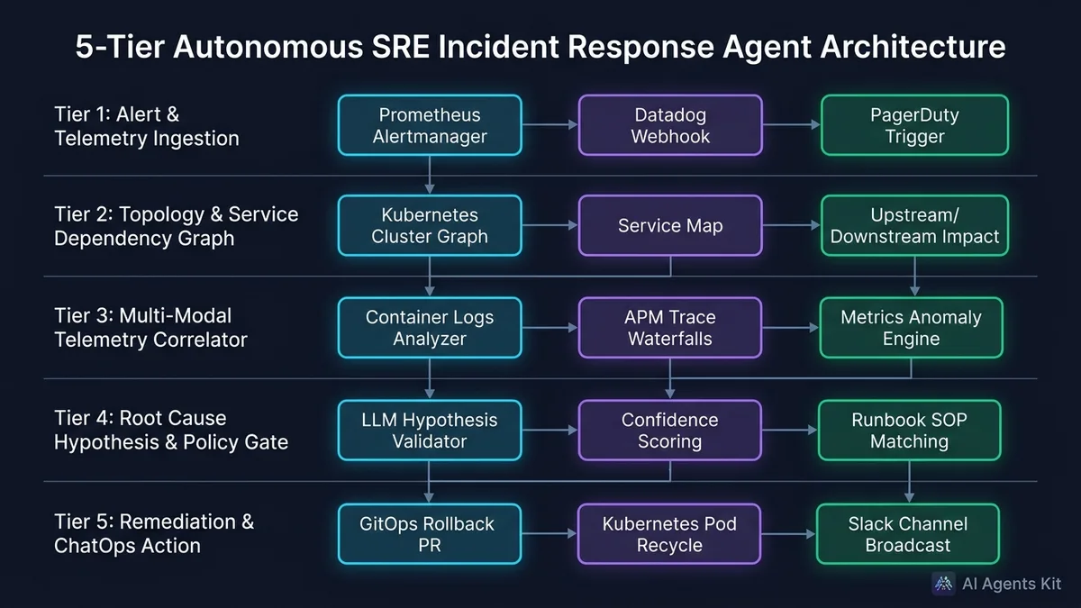 5-Tier Autonomous SRE Incident Response Agent Architecture diagram illustrating alert ingestion, topology, telemetry, hypothesis, and remediation