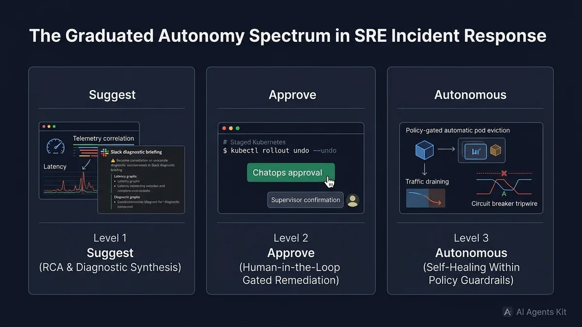The Graduated Autonomy Spectrum in SRE Incident Response illustrating Level 1 Suggest, Level 2 Approve, and Level 3 Autonomous