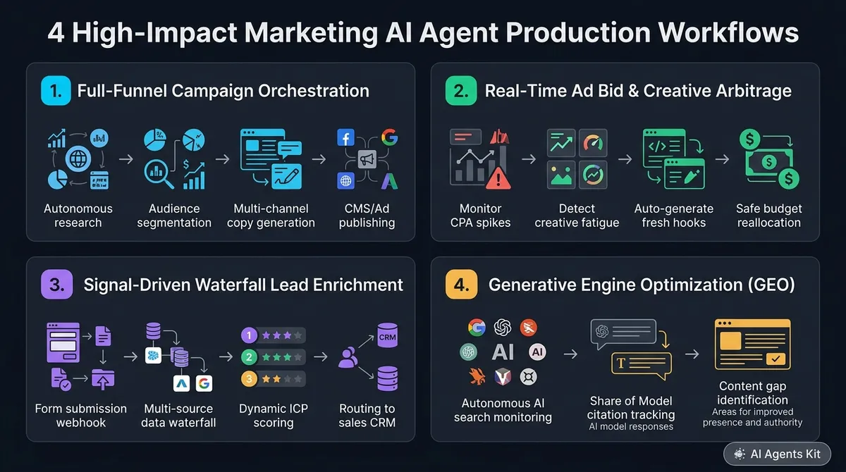 4 high-impact marketing AI agent production workflows including campaigns, ad arbitrage, enrichment, and GEO