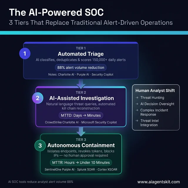 AI-powered SOC three-tier automation diagram showing Tier 1 automated triage with 88% alert reduction, Tier 2 AI-assisted investigation compressing MTTD from days to minutes, and Tier 3 autonomous containment reducing MTTR to under 10 minutes