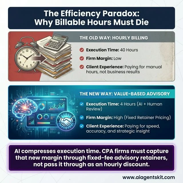 Visual comparison showing the execution of a 40 hour manual month-end close under outdated hourly billing versus a rapid 4 hour AI-assisted close utilizing fixed fee value based retainers