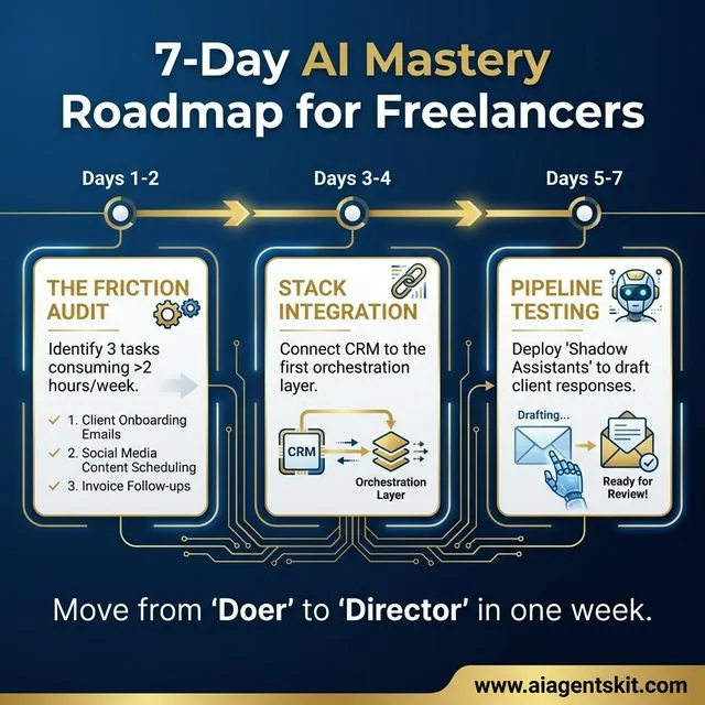 Roadmap infographic showing a 7 day AI mastery path for freelancers from friction audit to stack integration and pipeline testing