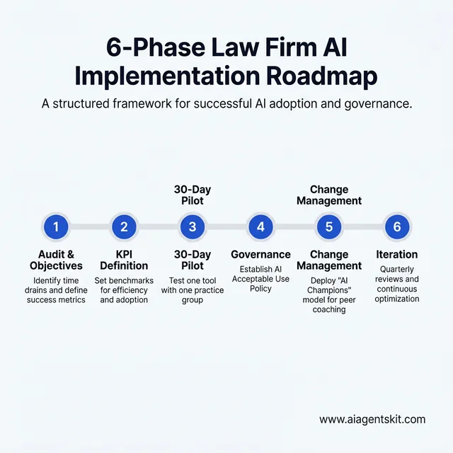 Infographic: 6-phase roadmap for law firm AI implementation: Audit, KPI Definition, 30-Day Pilot, Governance, Change Management, and Iteration.