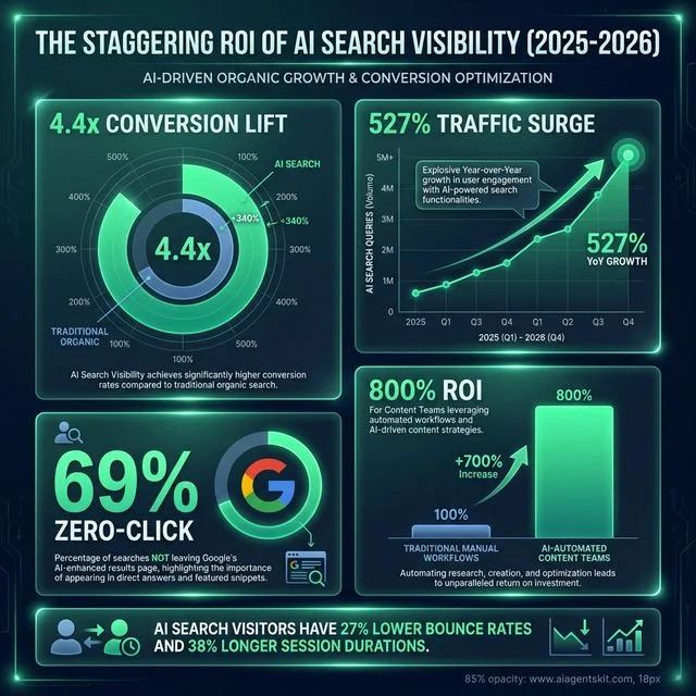 Data dashboard visualization showing the ROI of AI search visibility including 4.4x conversion lift 527 percent traffic surge and zero-click search impact