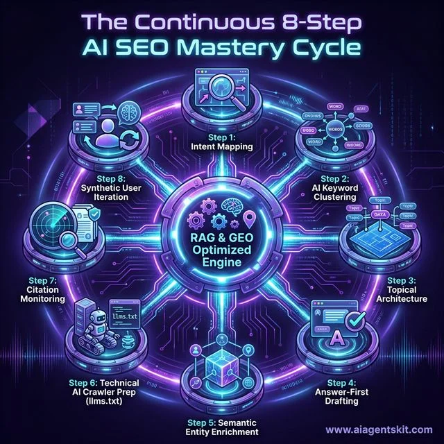Circular process diagram outlining the 8-step continuous AI SEO mastery cycle from intent mapping to synthetic user iteration for search optimization
