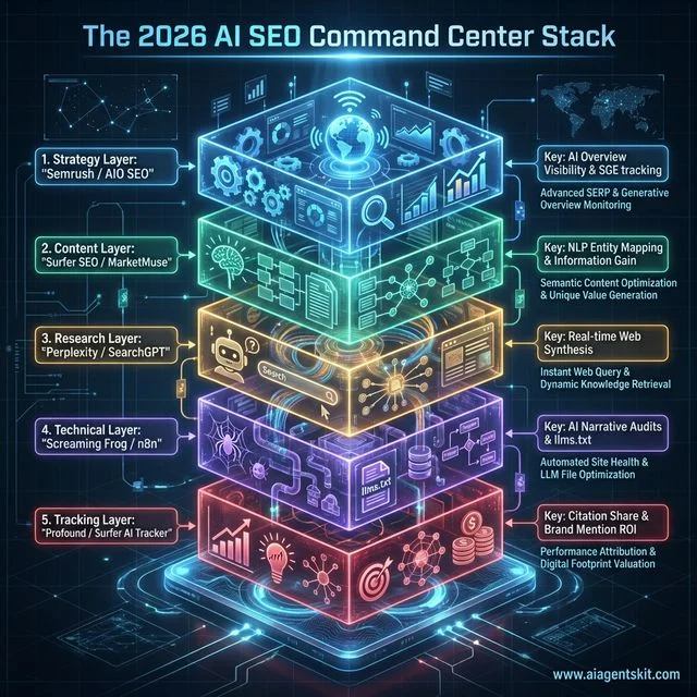 Isometric blueprint diagram showing the 5-layer AI SEO command center stack from strategy and content layers to technical and tracking layers
