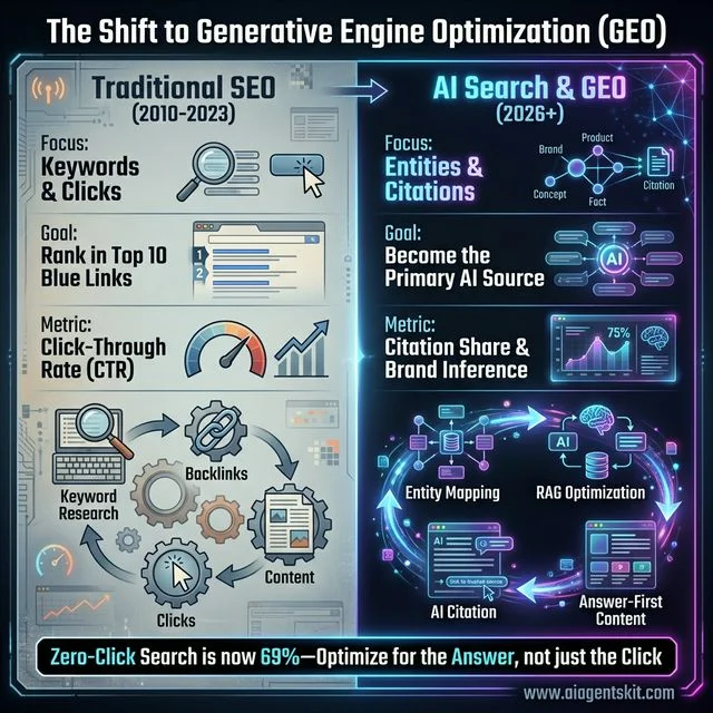 Comparison infographic showing the shift from traditional keyword-focused SEO to entity-based Generative Engine Optimization with 69 percent zero-click search data