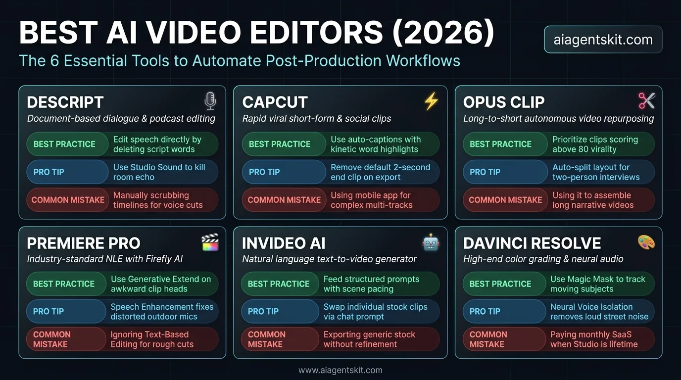 Comparison grid card analyzing the best AI video editors in 2026 across core features, power tips, and common pitfalls