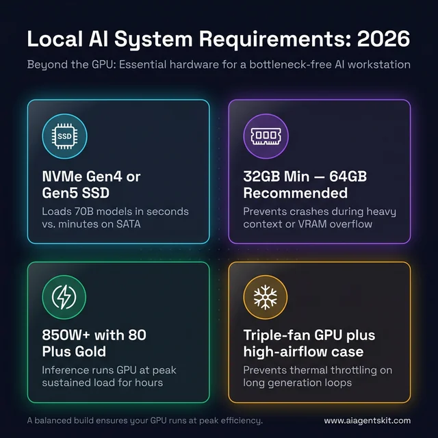 Local AI system requirements checklist showing NVMe SSD, RAM, PSU, and cooling specifications for a bottleneck-free AI workstation