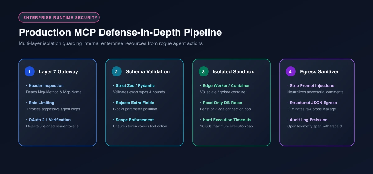 Defense in depth pipeline for remote Model Context Protocol servers protecting internal enterprise resources