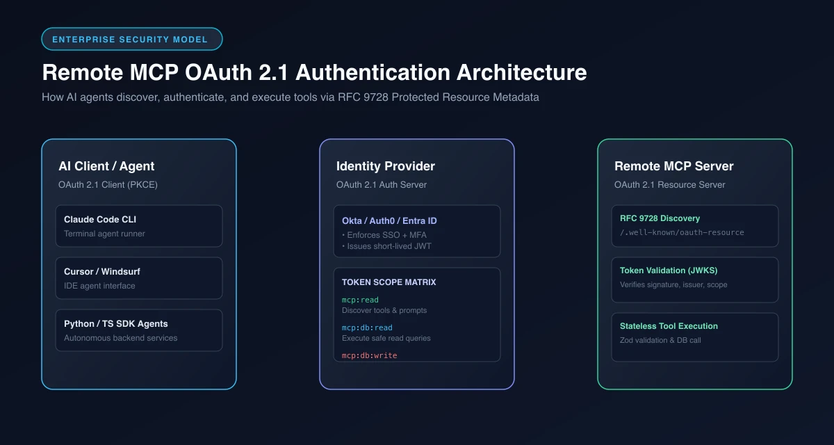 OAuth 2.1 architecture for remote Model Context Protocol servers using RFC 9728 Protected Resource Metadata discovery