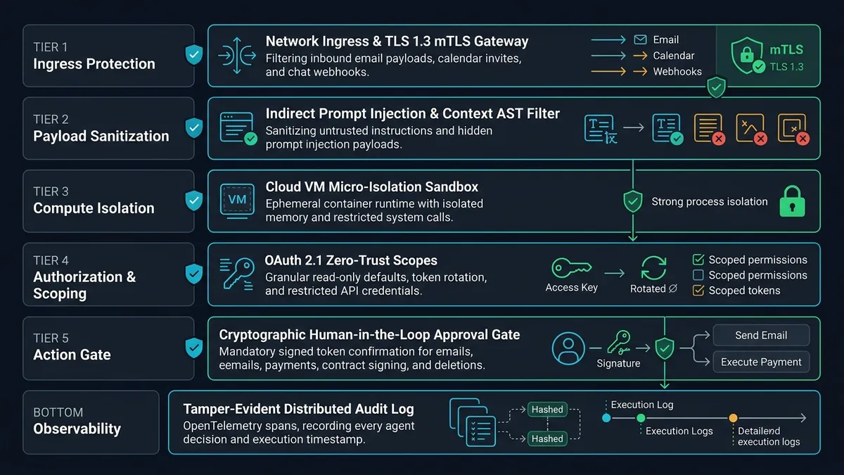 Defense-in-depth security matrix showing network ingress, AST filters, VM sandbox, and approval gates