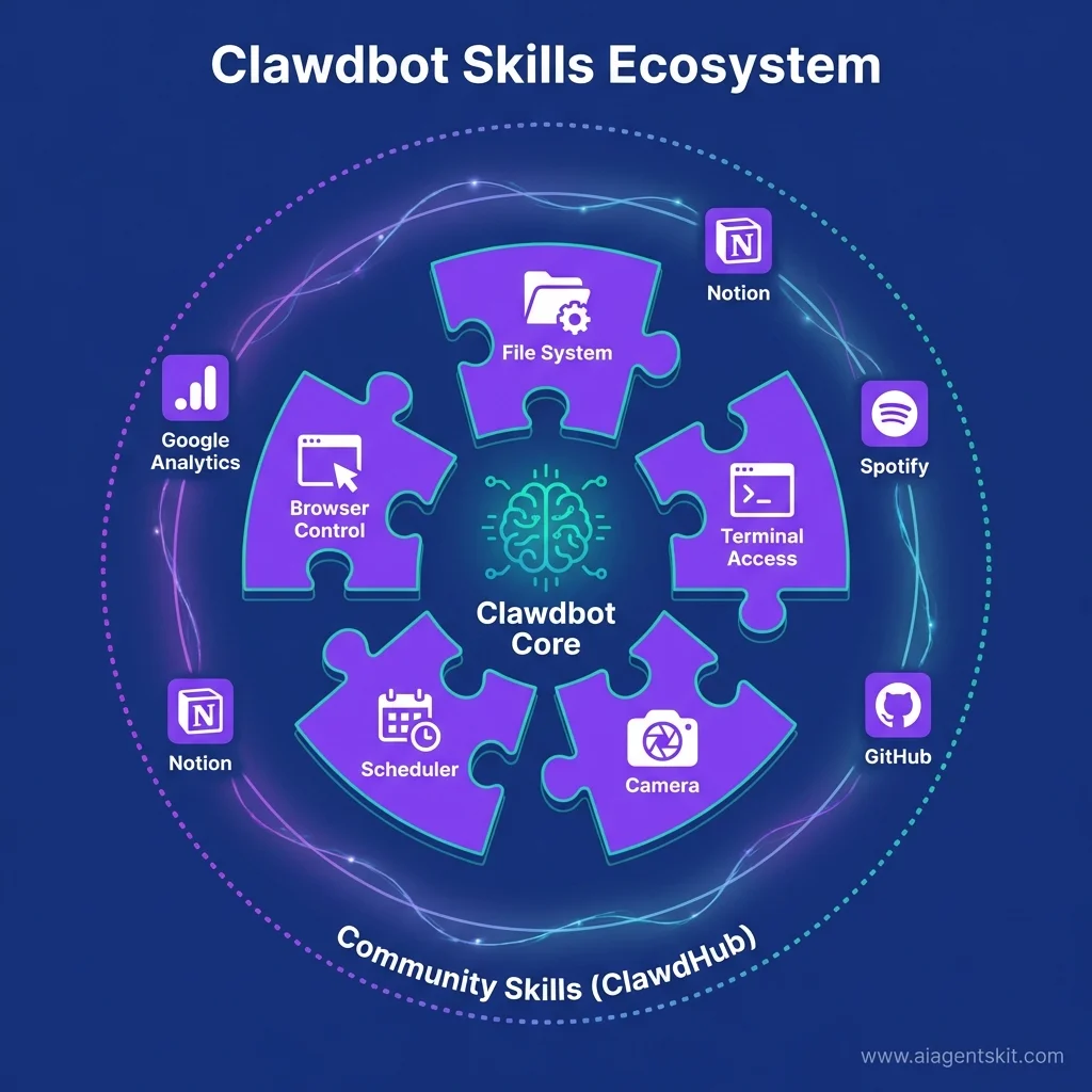 Clawdbot Skills Ecosystem Diagram showing Core capabilities and Plugin modules