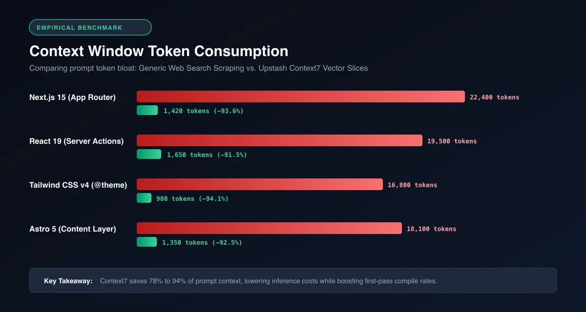 Quantitative chart illustrating token consumption comparing raw web scraping versus semantic Context7 chunking