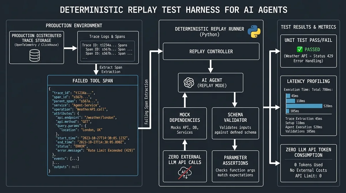 Architecture diagram demonstrating deterministic tool replay test runner for AI agents