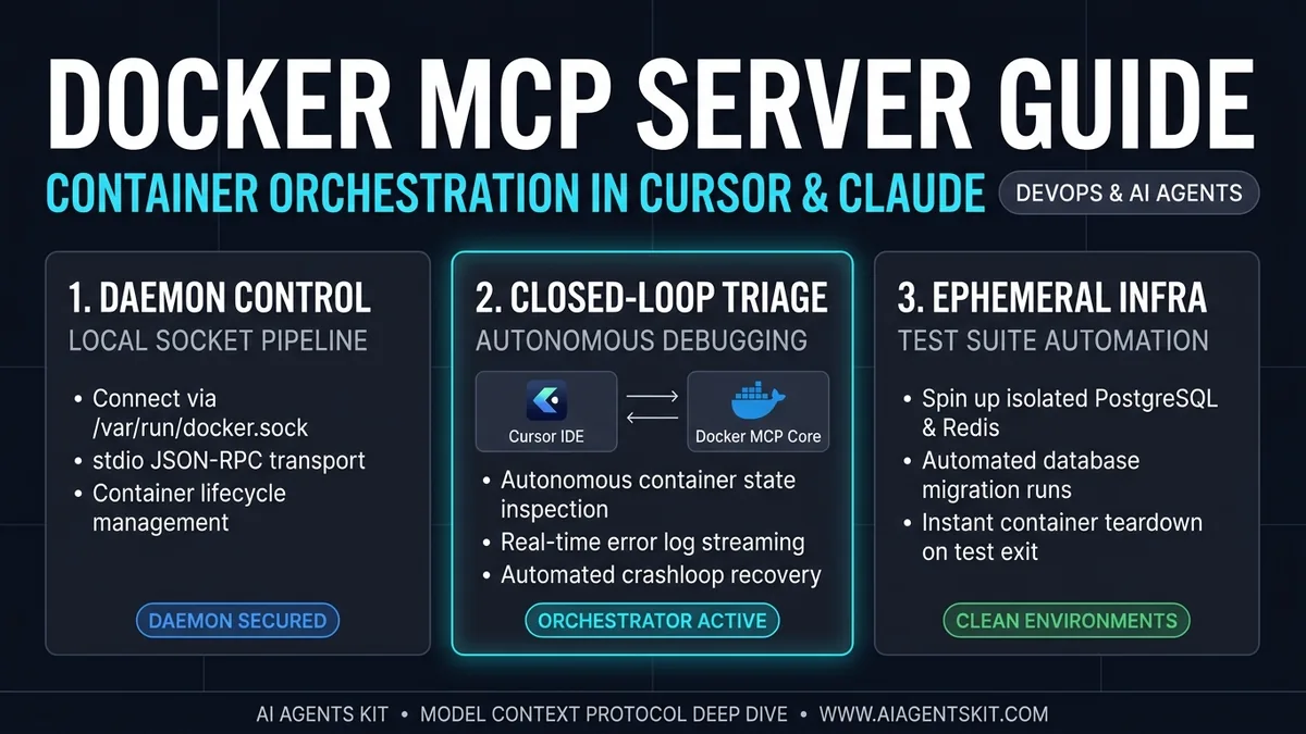 Architectural infographic illustrating Docker MCP daemon socket control, closed-loop container debugging, and ephemeral test infrastructure