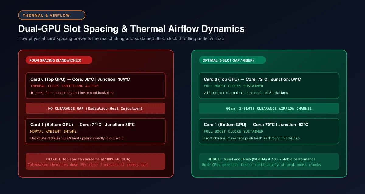 Airflow diagram comparing thermal throttling of sandwiched GPUs against optimal two-slot clearance spacing
