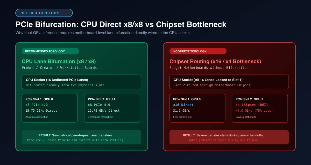 PCIe bus bifurcation diagram comparing symmetric CPU direct x8 by x8 routing against chipset x4 bottleneck