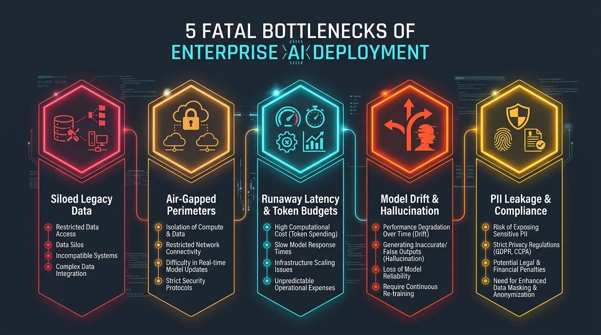 Infographic diagram outlining the five fatal bottlenecks preventing enterprise AI agent pilots from reaching scale