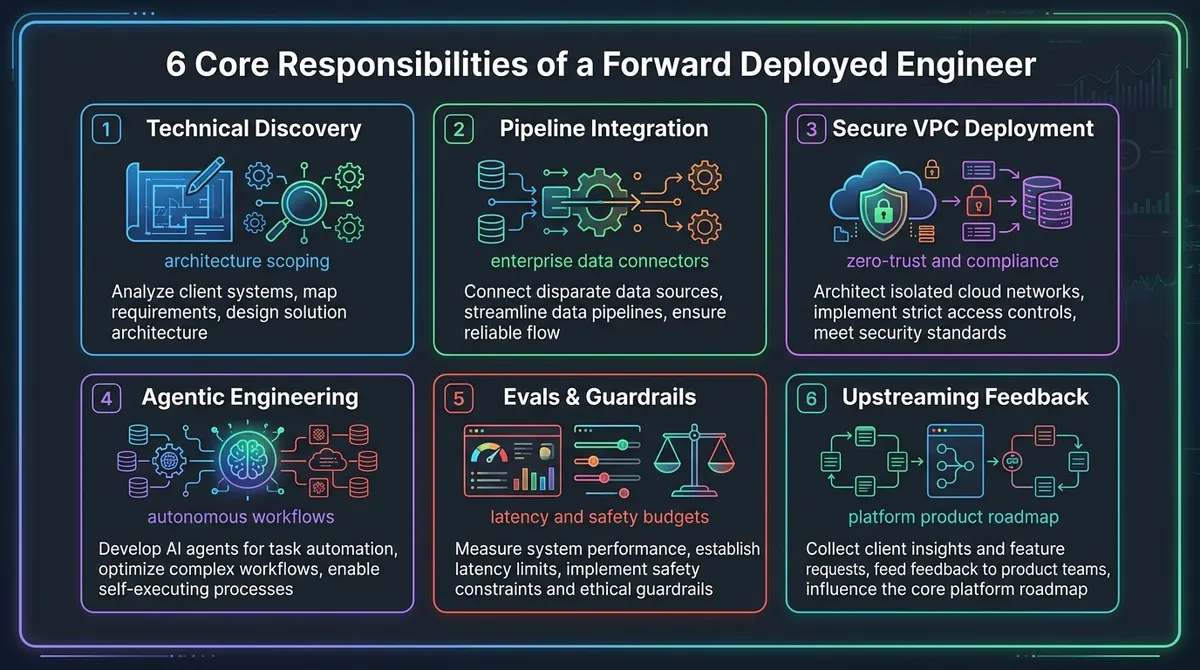 Six core responsibilities of a Forward Deployed Engineer covering technical discovery, VPC deployment, evals, and feedback