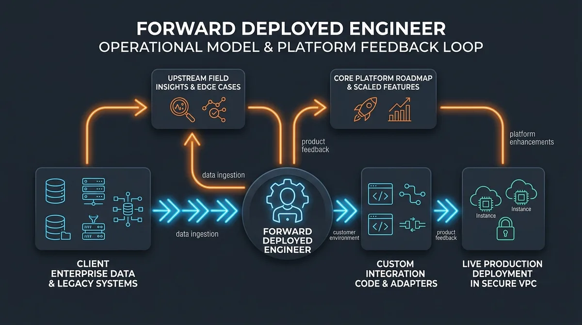 Forward Deployed Engineer workflow linking client legacy data, custom VPC adapters, and core platform roadmap feedback loops