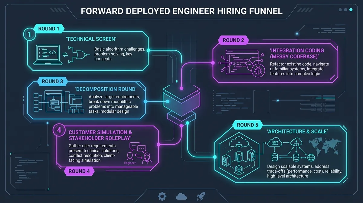 Interview evaluation funnel diagram illustrating the five stages of an enterprise forward deployed engineering loop