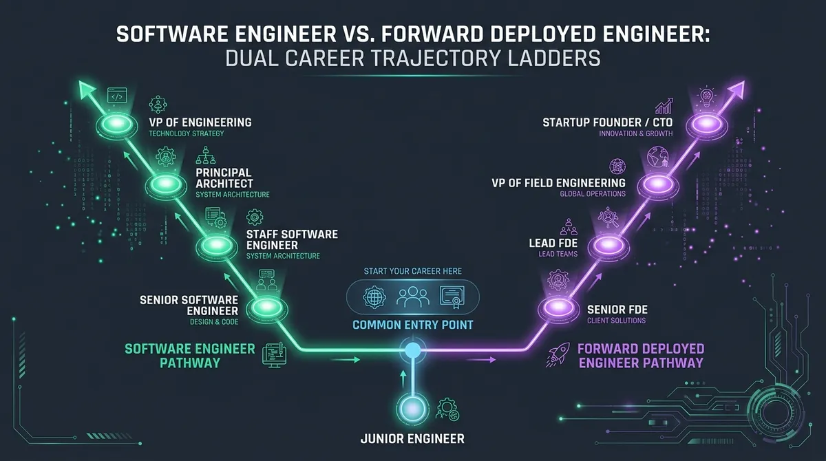 Career trajectory diagram illustrating progression paths and exit opportunities for software engineers and field engineers