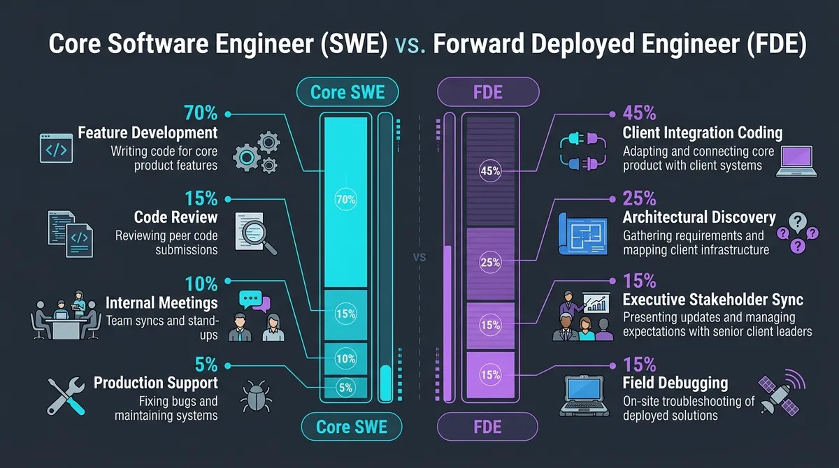 Comparative infographic diagram contrasting daily work distribution and coding intensity between FDE and core SWE roles
