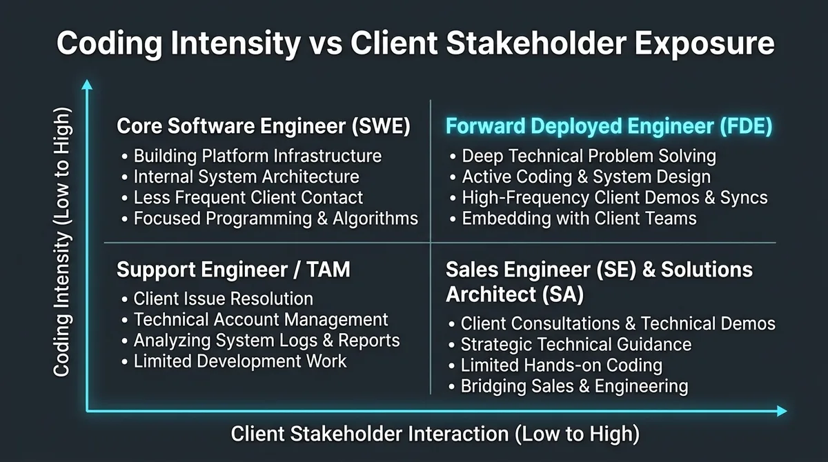 Quadrant chart comparing coding intensity and client executive exposure across technical software engineering roles