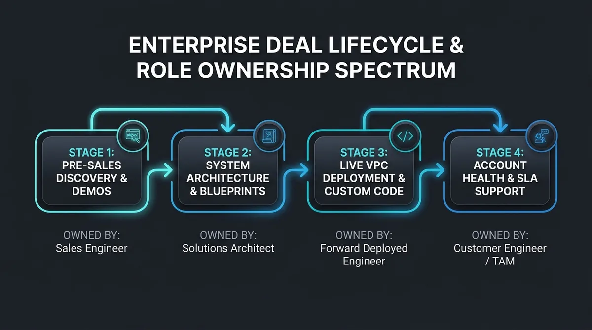 The enterprise deal lifecycle spectrum mapping sales engineers, solutions architects, and forward deployed engineers