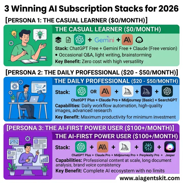 Recommended AI subscription stacks for three different personas: Casual, Professional, and Power User