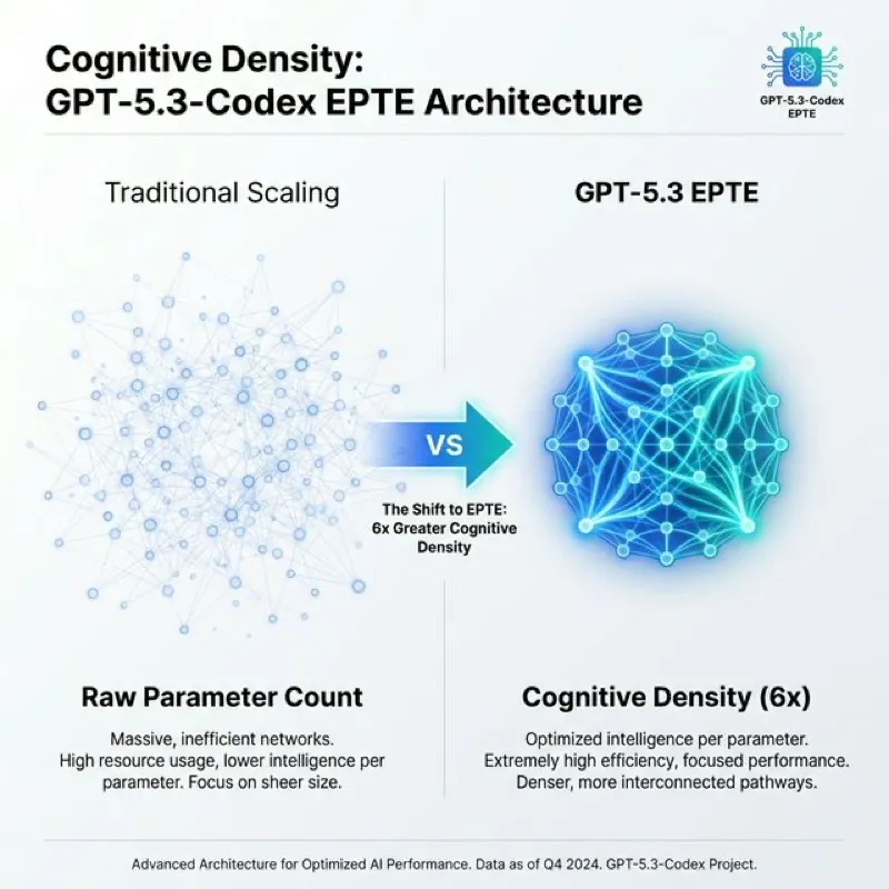 Visual comparison of traditional AI scaling versus GPT-5.3 EPTE Cognitive Density architecture showing a dense efficient core