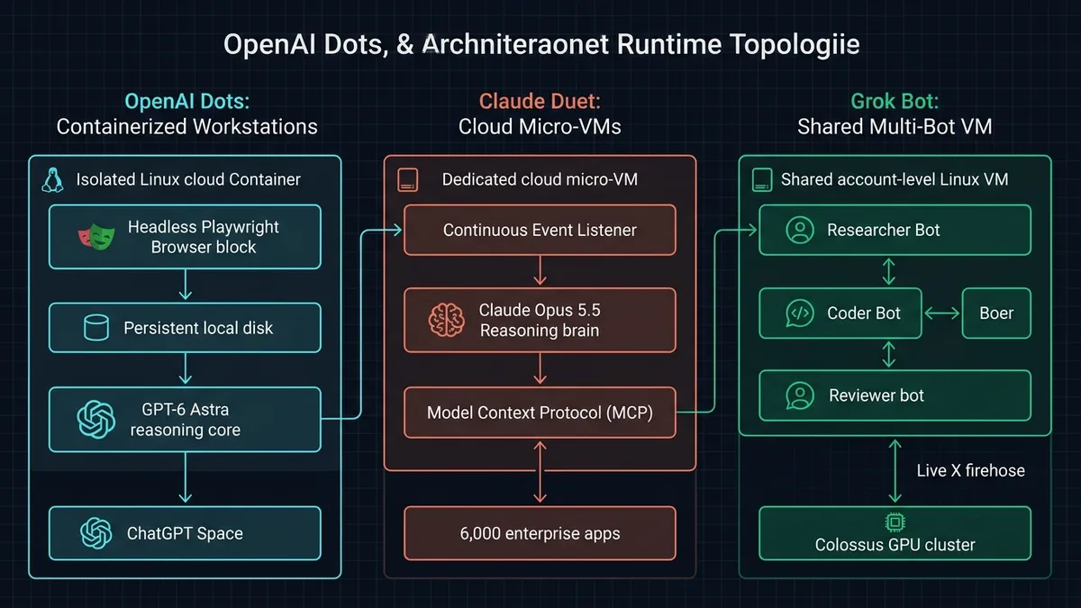 Architectural topology diagram comparing OpenAI Dots, Claude Duet, and Grok Bot cloud runtimes and tool fabrics