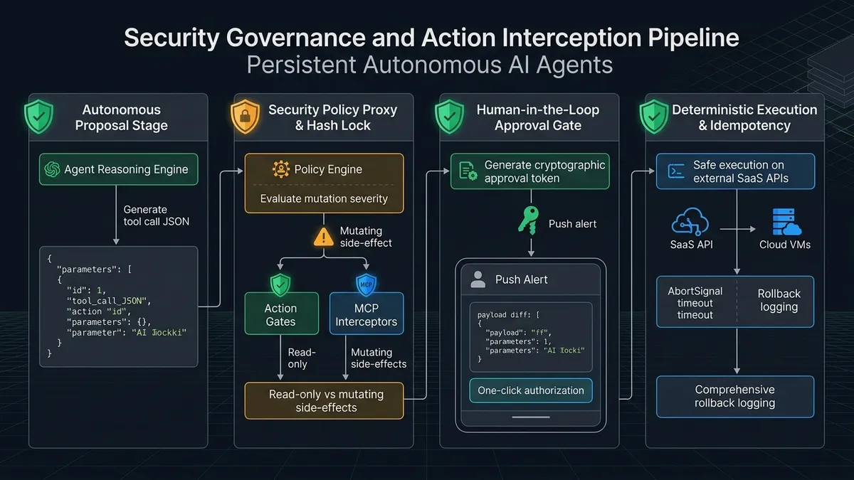 Security governance pipeline showing policy evaluation, approval gates, and idempotent execution