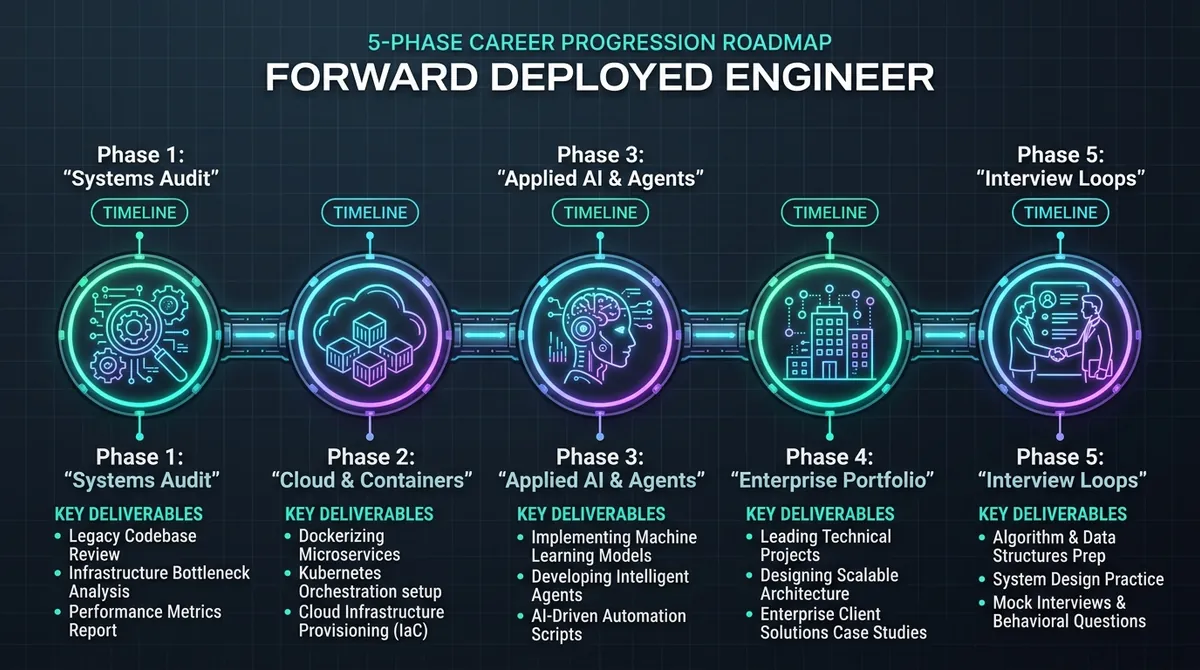 Comprehensive career roadmap timeline outlining five phases to transition into a forward deployed engineering role