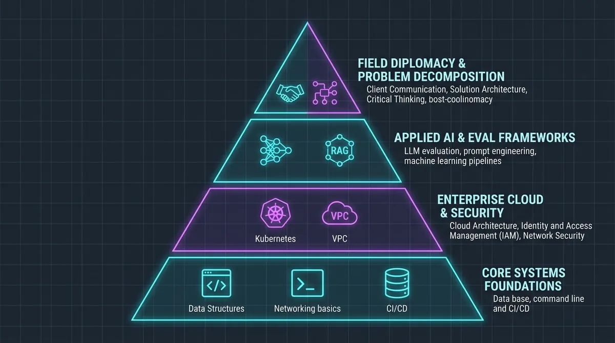 Hierarchical skill pyramid illustrating foundational systems engineering to applied artificial intelligence for FDEs