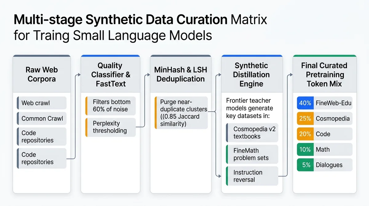 Architectural comparison of synthetic data curation and filtering workflow for small language model pretraining
