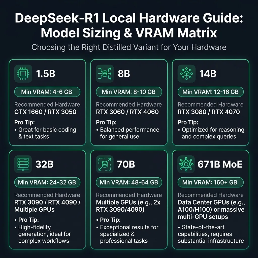 Knowledge Grid Card displaying DeepSeek-R1 local hardware requirements and VRAM allocation across model variants