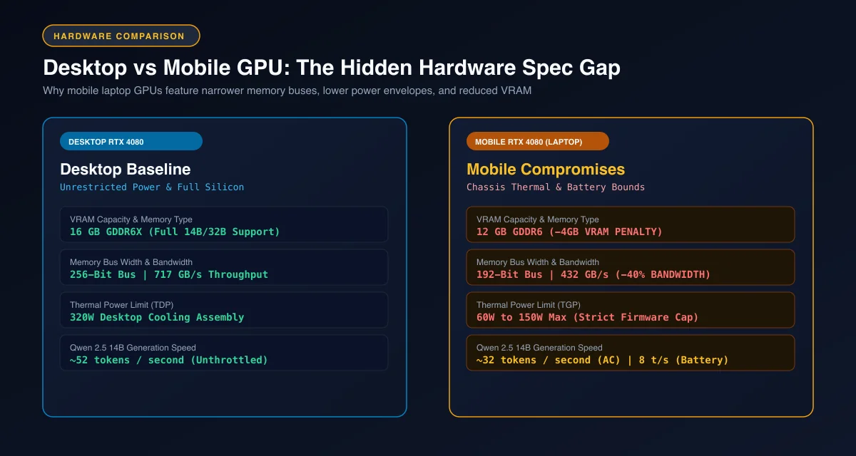 Comparison chart showing desktop versus mobile RTX 4080 specifications including VRAM and memory bandwidth gap
