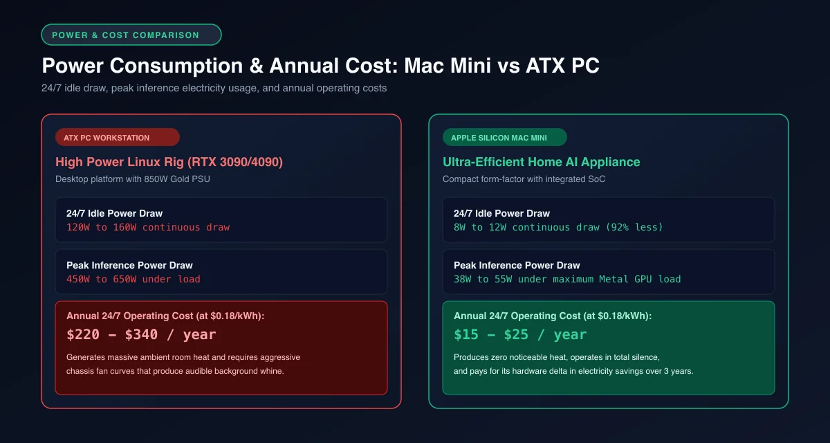 Power consumption comparison chart showing Mac Mini 12W idle draw versus 140W ATX workstation power consumption