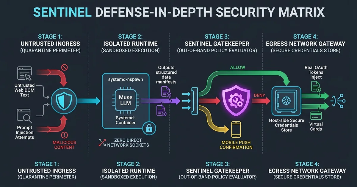 Sentinel defense-in-depth security matrix showing ingress quarantine, container sandbox, and dynamic token injection