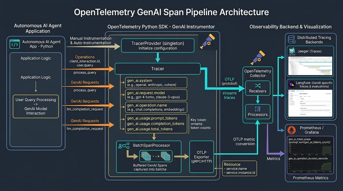 Architectural diagram illustrating OpenTelemetry GenAI span attributes, parent-child trace hierarchy, and OTLP export pipeline