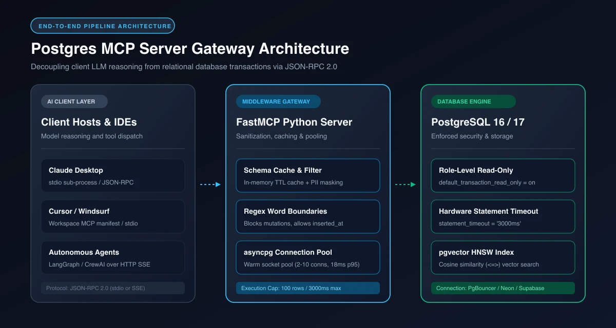Postgres MCP Server Gateway Architecture showing AI clients, FastMCP middleware, and PostgreSQL 16 engine