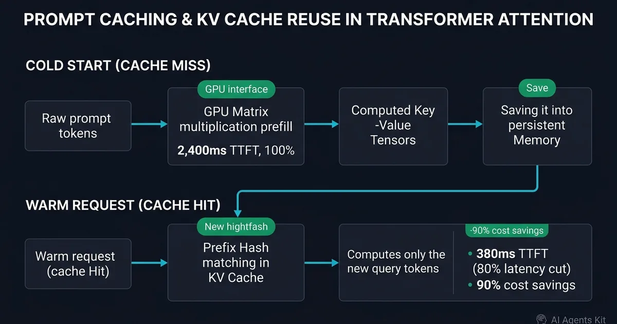 Technical pipeline diagram showing cold start cache miss prefill versus warm request KV cache reuse