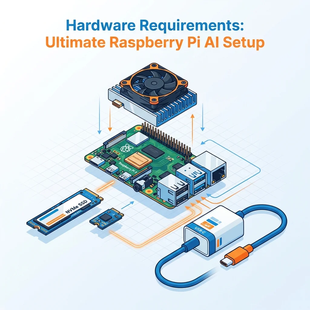 Infographic showing the ultimate Raspberry Pi AI hardware setup including Pi 5, active cooler, NVMe SSD, and power supply