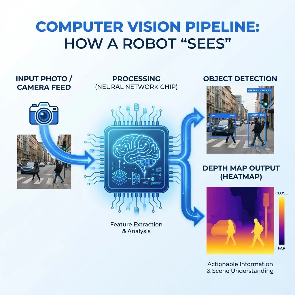 Computer Vision Pipeline showing input camera feed, neural network processing, and object detection output