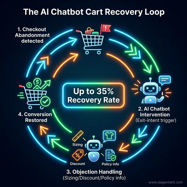 Process diagram showing the AI chatbot cart recovery loop on Shopify from abandonment detection to objection handling and conversion restoration